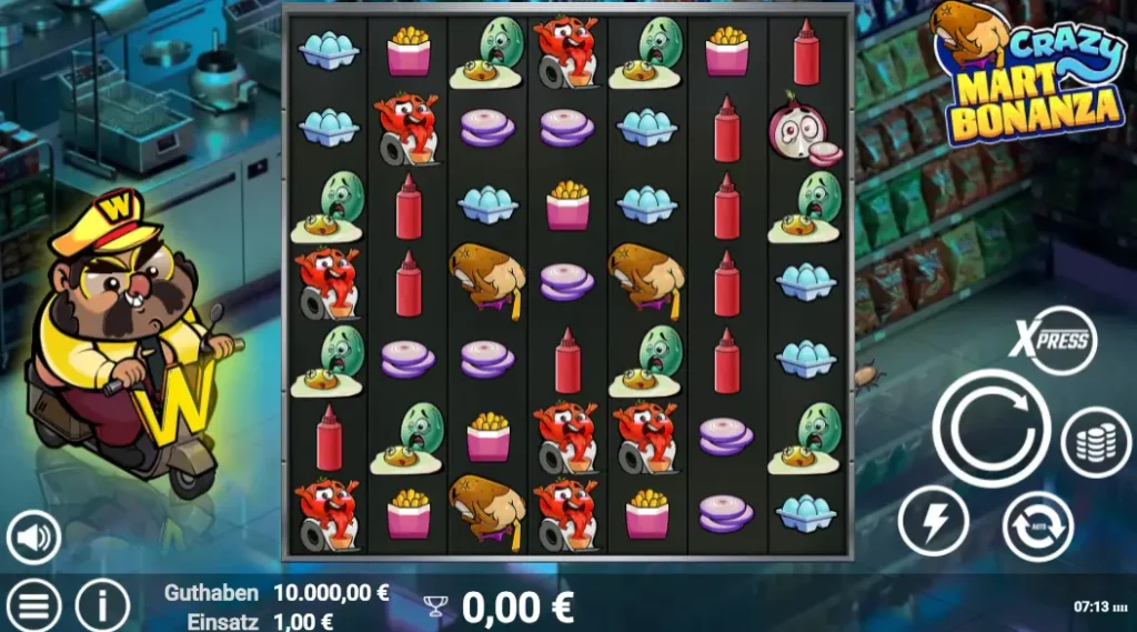Xon Bet Casino Crazy Mart Bonanza Slot mit Spielsymbolen und Einsatzanzeige