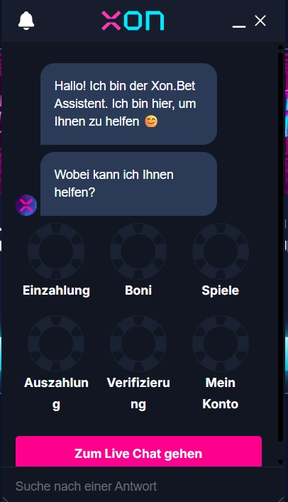 Xon Bet Casino Live Chat Support Assistent mit Hilfemenü und Optionen