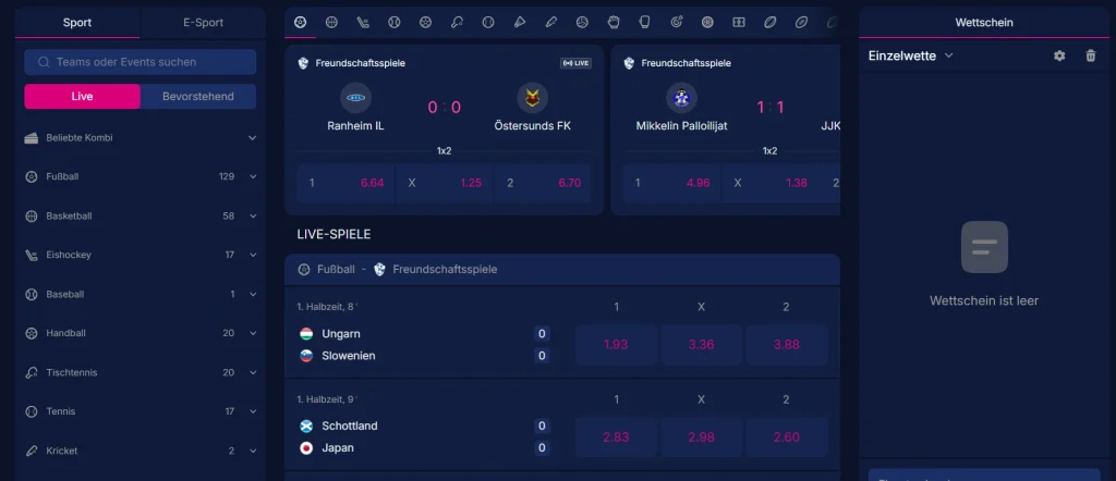 Xon Bet Casino Sportwetten Bereich mit Live Spielen und Quoten Übersicht