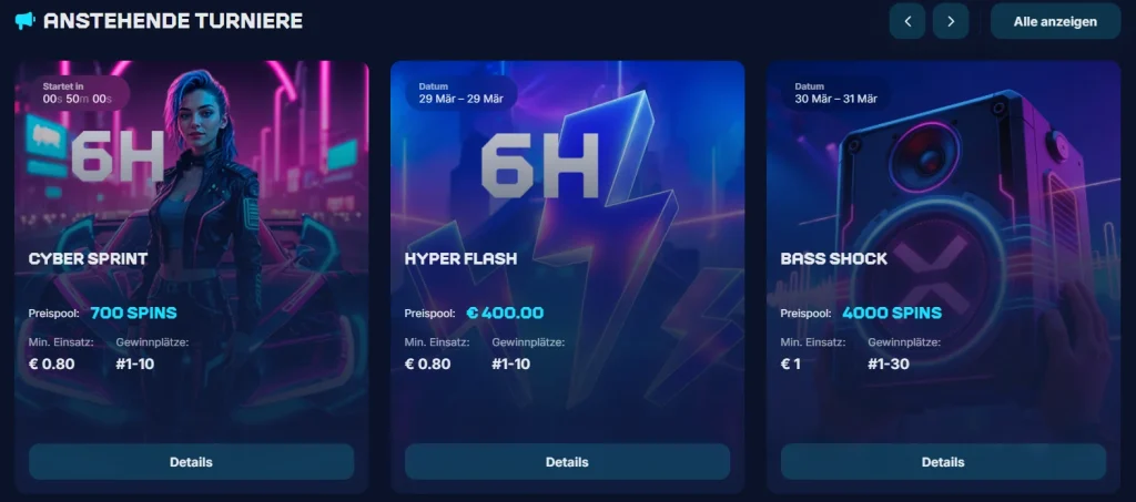 Xon Bet Casino Turniere mit Cyber Sprint Hyper Flash und Bass Shock Aktionen