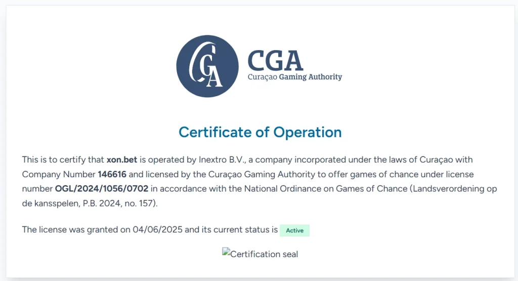 Xon Bet Casino Curaçao Lizenz Zertifikat